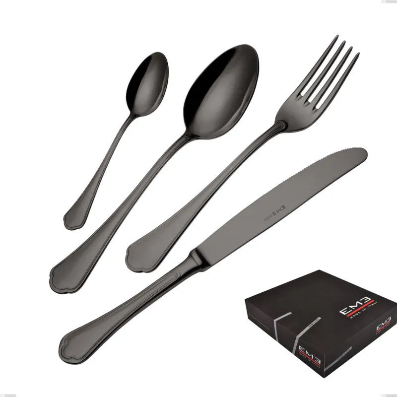 Direttamente Dal Produttore Set di posate 75 pezzi Domus Black in confezione regalo , Acciaio 18/10 Finitura PVD, spessore 3 mm Eme Posaterie