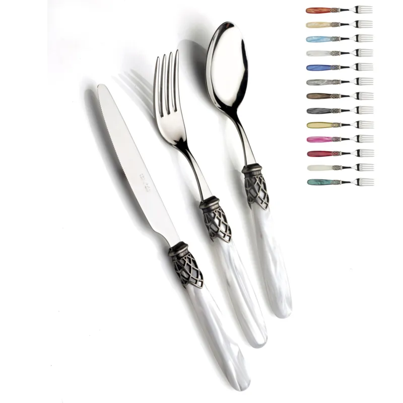 Promozione Servizio posate 4 pezzi posto tavola FRANCE Ghiera Antico in acciaio inox 18/10 lucido spessore 2,5 manico in acrilico madreperlato con ghiera in metallo effetto antichizzato Domus e Design Trasparente