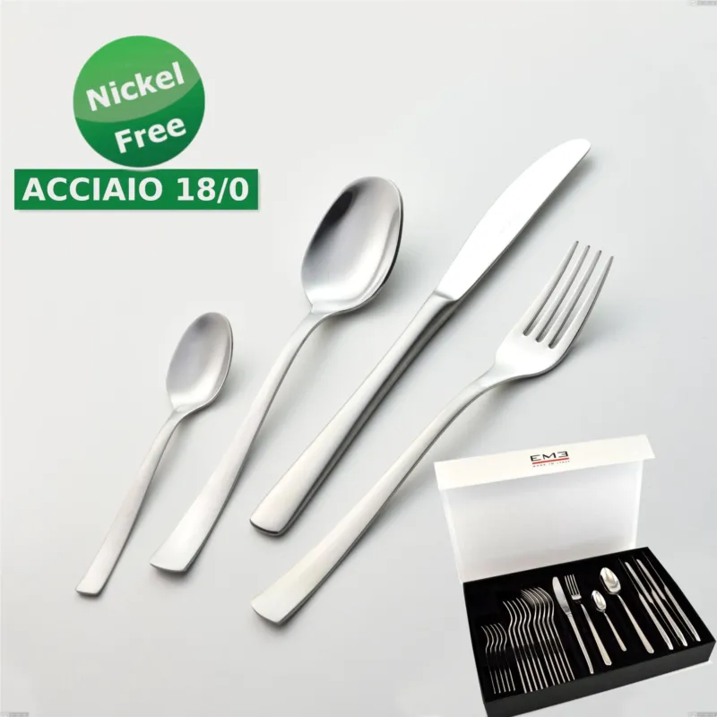 Ultimissimo Modello Confezione panoramica a libro 24 pezzi Alfa Satinata 18/0 nichel free, (inox 18/ 0) Nichel Free, spessore 2 mm Eme Posaterie