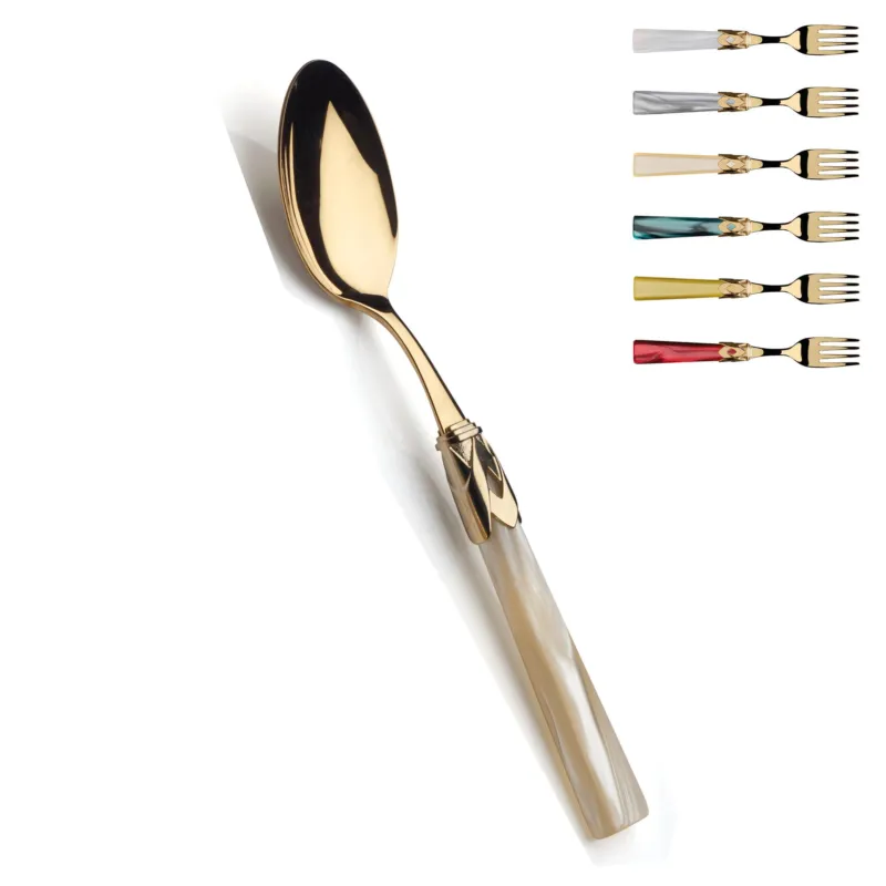 Cucchiaio da tavola, minestra sfuso CAPRI Tutto oro in acciaio 18/10 manico in acrilico madreperlato con ghiera dorata finitura tutto oro Domus e Design bianco perlato Occasione