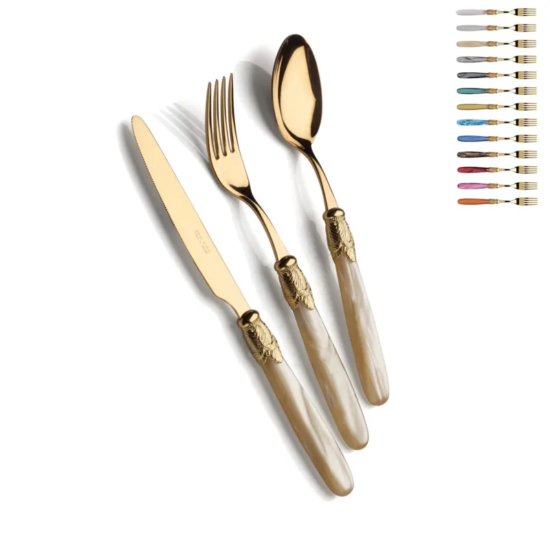 Saldi Posto tavola, Servizio posate 4 pezzi ISCHIA Ghiera ORO Lucido e oro in acciaio inox 18/10 lucido spessore 2,5 mm Manico in acrilico madreperlato con ghiera in metallo effetto ORO Lucido Domus e Design Trasparente