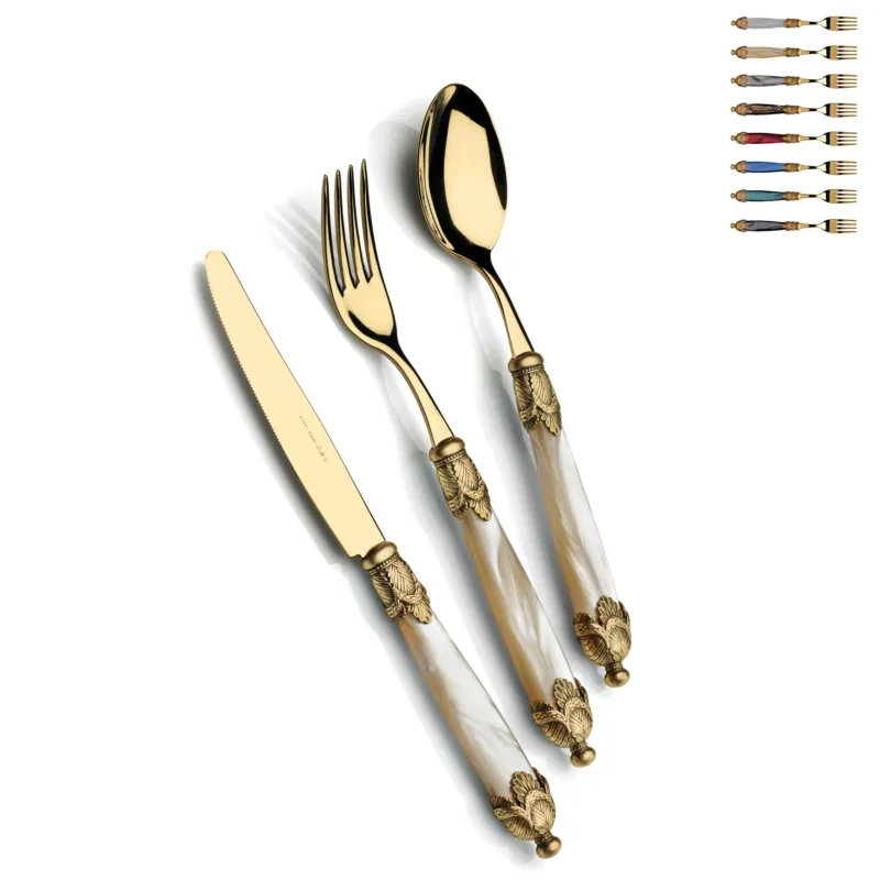 Direttamente Dal Produttore Posate Posto un tavola 4 pezzi Siena in acciaio 18/10 manico acrilico madreperlato doppia ghiera dorata finitura Tutto Oro antico Domus e Design bianco perlato