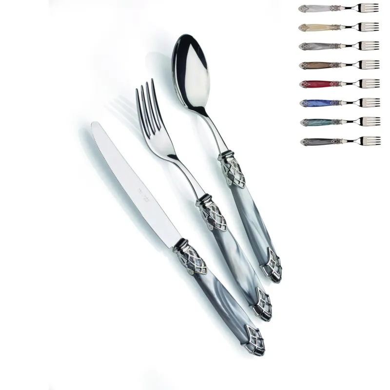 DUBAI LUCIDO, posto tavola, Servizio posate 4 pezzi in acciaio inox 18/10 lucido spessore 2,5 mm Manico in acrilico madreperlato con ghiera in metallo effetto lucido lavabile in lavastoviglie Domus e Design bianco perlato Professionale
