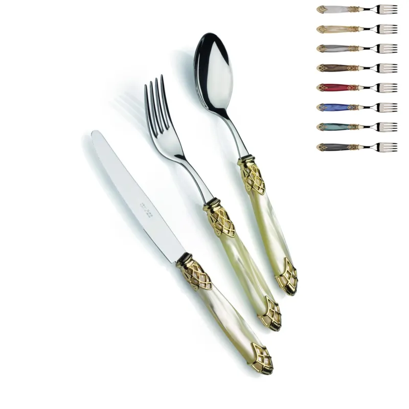 Compra Online Servizio posate 4 pezzi posto tavola DUBAI Ghiera ORO E Posate ACCIAIO in acciaio inox 18/10 lucido spessore 2,5 mm manico acrilico madreperlato con ghiera Oro lucido lavabile in lavastoviglie Domus e Design bianco perlato