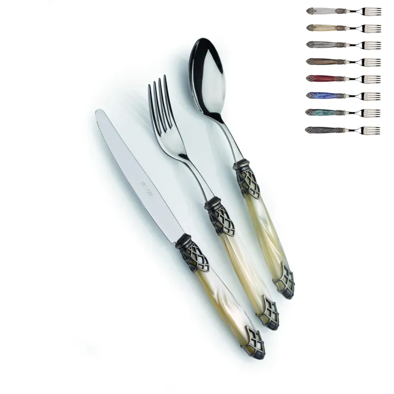 Di Tendenza Servizio posate 4 pezzi posto tavola DUBAI Ghiera ANTICO in acciaio inox 18/10 lucido spessore 2,5 mm Manico acrilico madreperlato con ghiera antichizzato lavabile in lavastoviglie Domus e Design bianco perlato