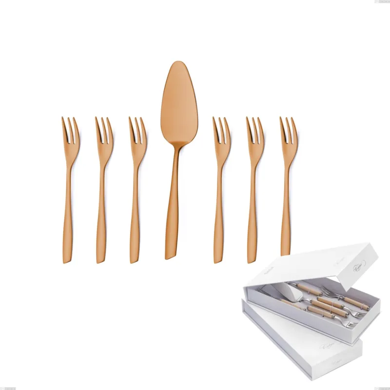 Confezione a libro 7 pezzi, forchettine più paletta dolce Eleven Sahara 2,5 mm Brunita sabbiata , Acciaio inox 18/10 (AISI 304), spessore 2,5 mm Eme Posaterie Promo Stagionale