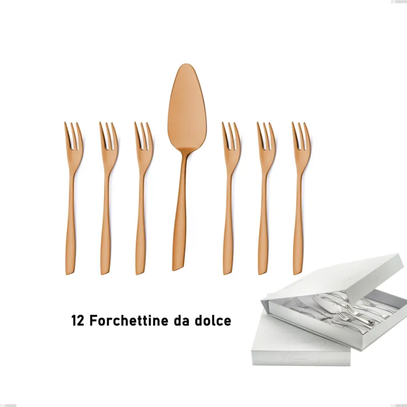 Confezione a libro 13 pezzi, forchettine più paletta dolce Eleven Sahara 2,5 mm Brunita sabbiata , Acciaio inox 18/10 (AISI 304), spessore 2,5 mm Eme Posaterie Occasione
