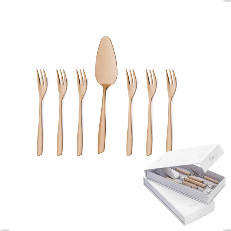 Confezione a libro 7 pezzi, forchettine più paletta dolce Eleven rose brunita lucida , Acciaio inox 18/10 (AISI 304), spessore 2,5 mm Eme Posaterie Scelto Dai Clienti