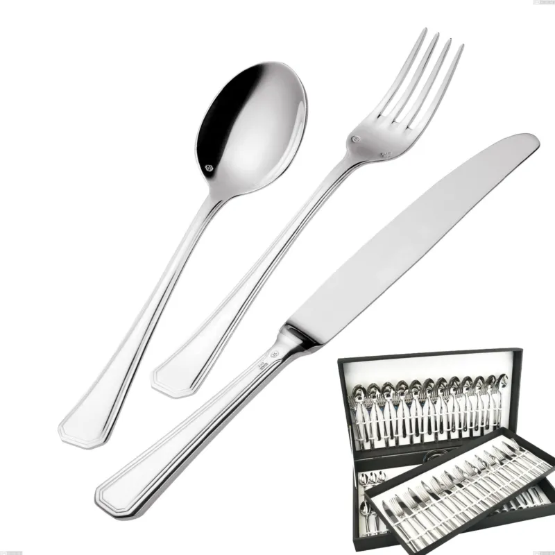 Compra Adesso Servizio di posate 75 pezzi in astuccio regalo coltello manico vuoto Savoia Argentato 3 mm spessore argento 25 micron, Acciaio inox 18/10 (AISI304) Argento 25 micron, spessore 3 mm Eme Posaterie