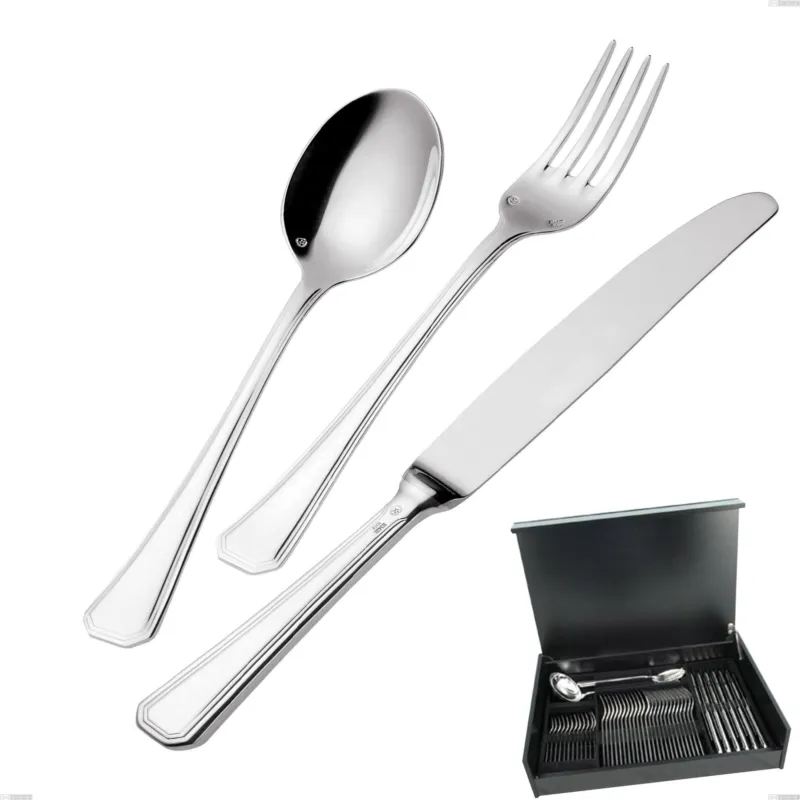 Servizio di posate 51 pezzi in astuccio di legno coltello manico vuoto Savoia Argentato 3 mm spessore argento 25 micron, Acciaio inox 18/10 (AISI304) Argento 25 micron, spessore 3 mm Eme Posaterie Non Perdere