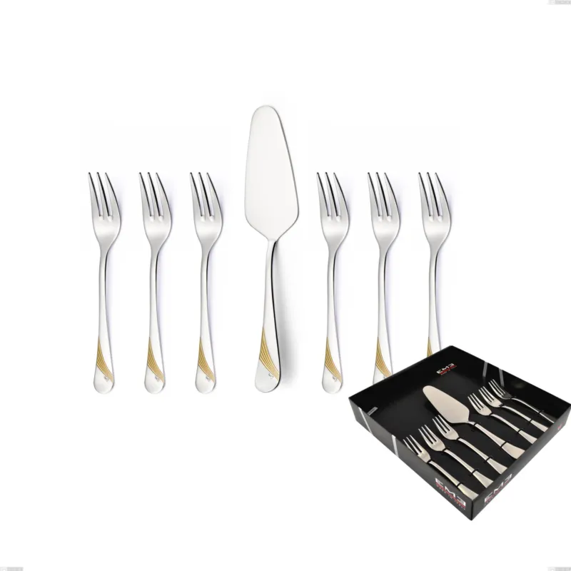 Promozione Confezione vetrina 7 pezzi dolce Milano Inciso Oro , 18/10 (AISI304) finitura inox lucido e oro, spessore 2,5 mm Eme Posaterie