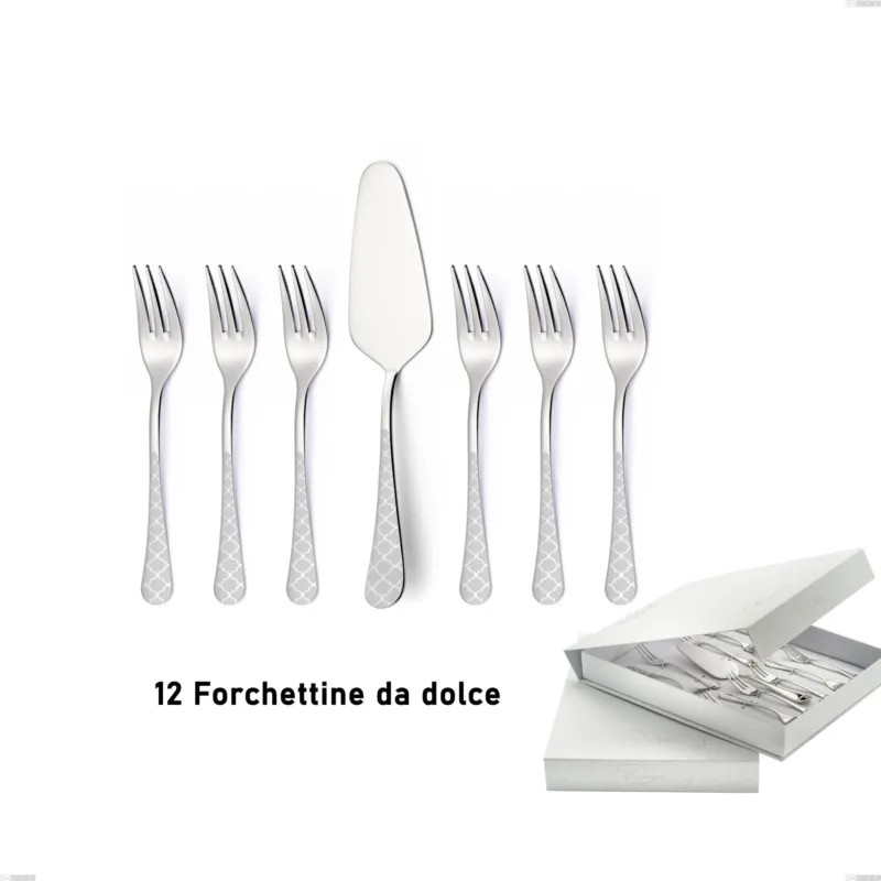 Confezione a libro 13 pezzi, forchettine più paletta dolce Milano Damask, 18/10 (AISI304) acciaio lucido effetto damascato, spessore 2,5 mm Eme Posaterie Prezzo Di Fabbrica