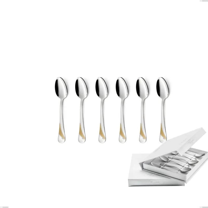 Offerta Lampo Confezione a libro 6 pezzi cucchiaino moka Milano Inciso Oro , 18/10 (AISI304) finitura inox lucido e oro, spessore 2,5 mm Eme Posaterie