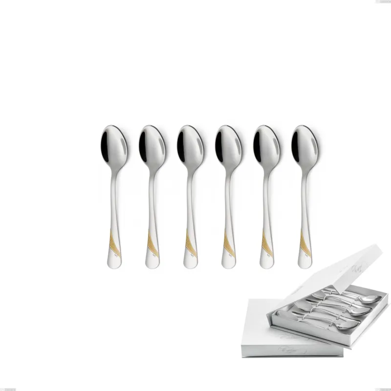 Prezzo Ridotto Confezione a libro 6 pezzi cucchiaini caffè Milano Inciso Oro , 18/10 (AISI304) finitura inox lucido e oro, spessore 2,5 mm Eme Posaterie