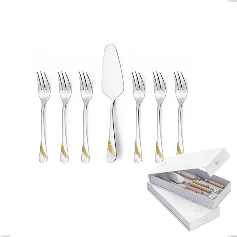 Confezione a libro 7 pezzi, forchettine più paletta dolce Milano Inciso Oro , 18/10 (AISI304) finitura inox lucido e oro, spessore 2,5 mm Eme Posaterie Soddisfatti O Rimborsati