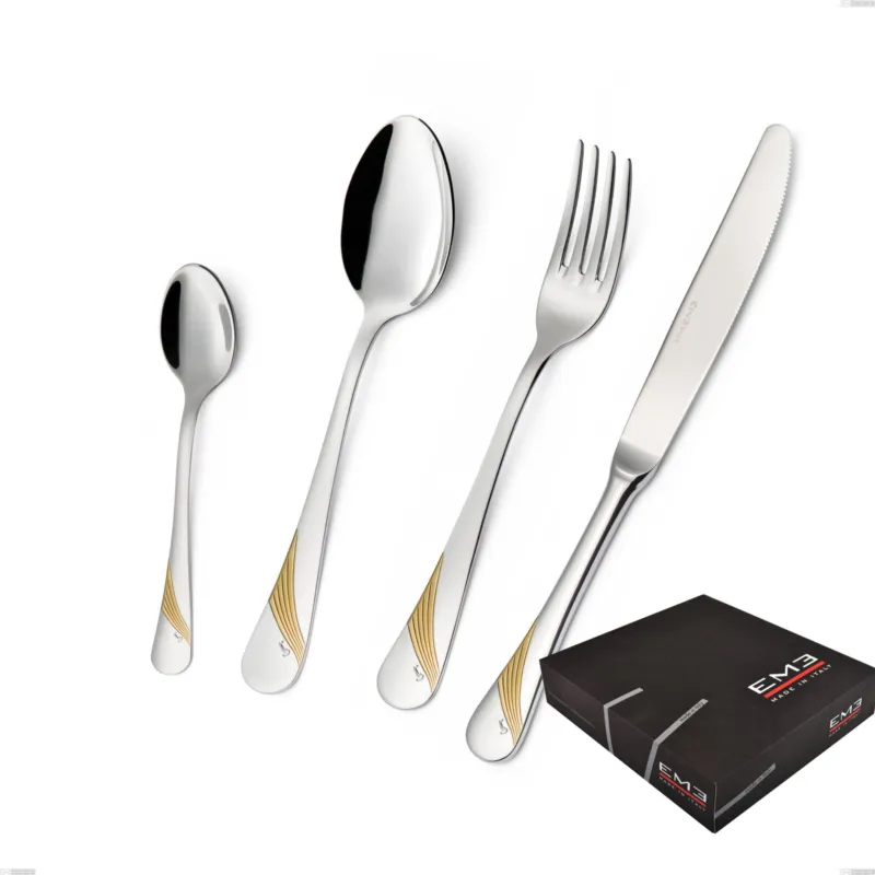 Prezzo Scontato Set di posate 75 pezzi Milano Inciso Oro in confezione regalo , 18/10 (AISI304) finitura inox lucido e oro, spessore 2,5 mm Eme Posaterie