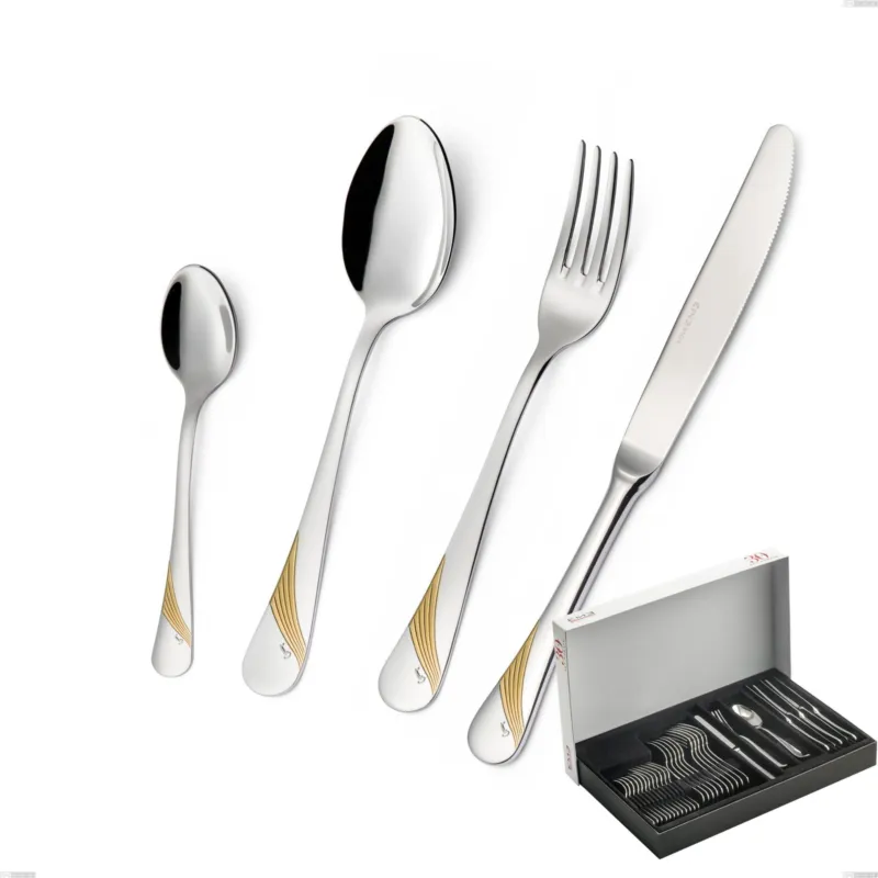 Confezione Panoramica 30 pezzi Milano Inciso Oro , 18/10 (AISI304) finitura inox lucido e oro, spessore 2,5 mm Eme Posaterie Vendita Finale