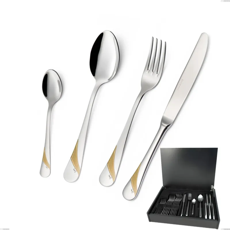 Servizio di posate 24 pezzi in astuccio di legno Milano Inciso Oro , 18/10 (AISI304) finitura inox lucido e oro, spessore 2,5 mm Eme Posaterie Sconto