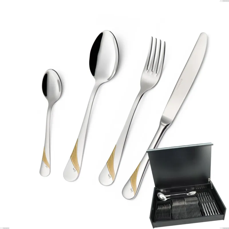 Servizio di posate 51 pezzi in astuccio di legno Milano Inciso Oro , 18/10 (AISI304) finitura inox lucido e oro, spessore 2,5 mm Eme Posaterie Bestseller