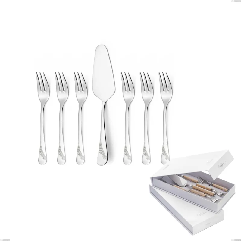 Confezione a libro 7 pezzi, forchettine più paletta dolce Milano Inciso , 18/10 (AISI304) acciaio inox Lucido , spessore 2,5 mm Eme Posaterie Pagamento Sicuro