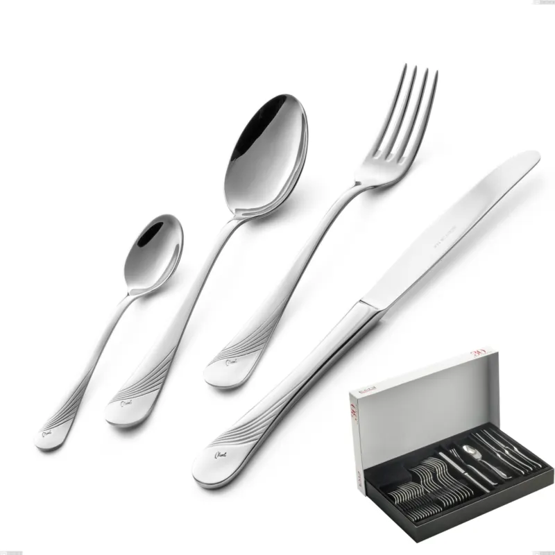Confezione Panoramica 30 pezzi Milano Inciso , 18/10 (AISI304) acciaio inox Lucido , spessore 2,5 mm Eme Posaterie Direttamente Dal Produttore