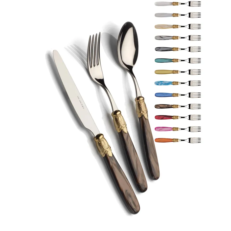 Affare ISCHIA Ghiera ORO E ACCIAIO, 6 posti tavola, Servizio posate 24 pezzi in acciaio inox 18/10 lucido spessore 2,5 mm Manico acrilico madreperlato con ghiera in metallo effetto Oro Lucido lavabile in lavastoviglie Domus e Design Trasparente