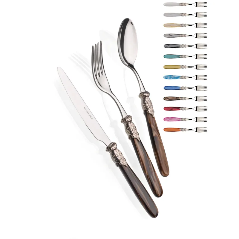 Ultimissimo Modello PARIS LUCIDO, 6 posti tavola, Servizio posate 24 pezzi in acciaio inox 18/10 lucido spessore 2,5 mm Manico in acrilico madreperlato con ghiera dorata lavabile in lavastoviglie Domus e Design Trasparente