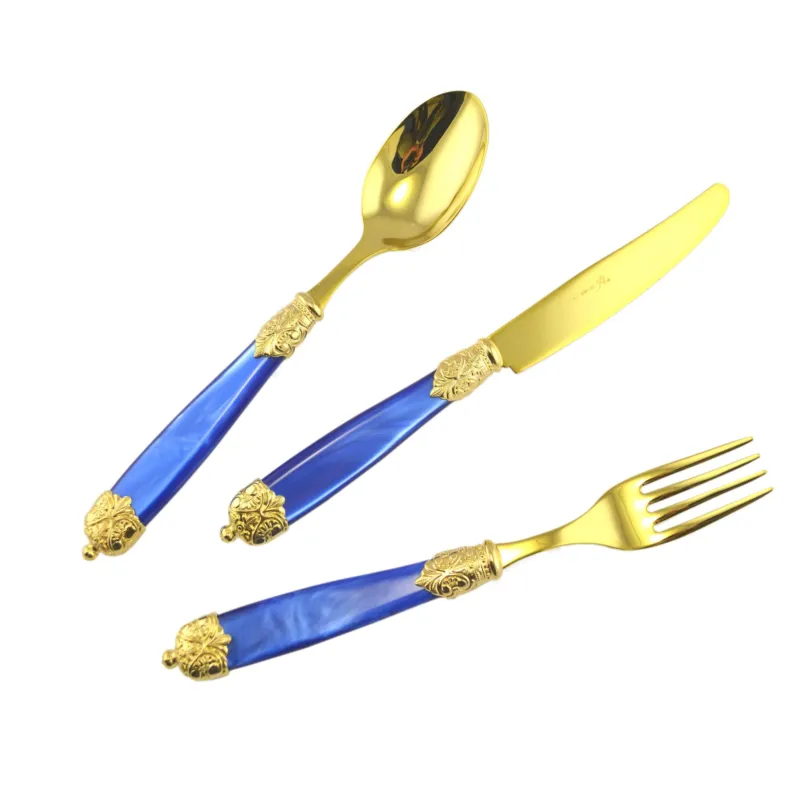 Servizio posate Mirage, in Confezione vetrina 24 pezzi 6 posti tavola , Ghiere oro Tin Gold 18.10 (AISI 304) Blu perlato Eme Posaterie avorio perlato 13 Novità