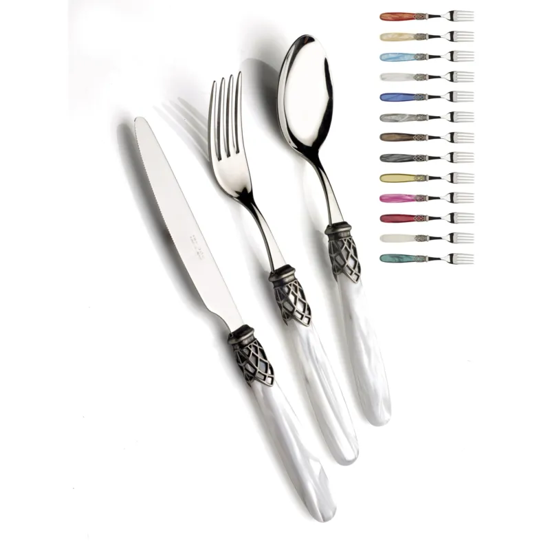 FRANCE inox ANTICO, 6 posti tavola, Servizio posate 24 pezzi in acciaio inox 18/10 lucido spessore 2,5 mm manico acrilico madreperlato con ghiera effetto argento antichizzato lavabile in lavastoviglie Domus e Design Trasparente Miglior Prezzo