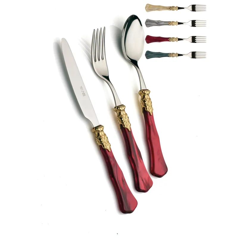 Offerta GINEVRA ORO E ACCIAIO, 6 posti tavola, Servizio posate 24 pezzi in acciaio inox 18/10 lucido spessore 2,5 mm Manico in acrilico madreperlato con ghiera in metallo effetto antichizzato lavabile in lavastoviglie Domus e Design bordeaux perlato
