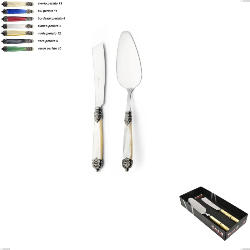 Vendita Finale Confezione vetrina 2 pezzi,paletta più coltello dolce da servizio Mirage, Acciaio inox 18.10 (AISI 304) Eme Posaterie avorio perlato 13