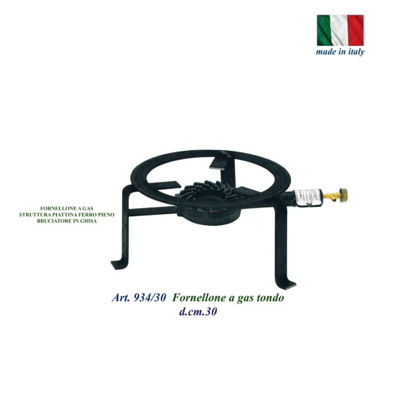 Offerta Lampo Fornellone a Gas Rotondo con 4 piedi e Bruciatore centrale a GAS Ø30x h19 cm ideale per cucinare all‘aperto Pic Nic Giardino colore nero Sessa Ferro Battuto