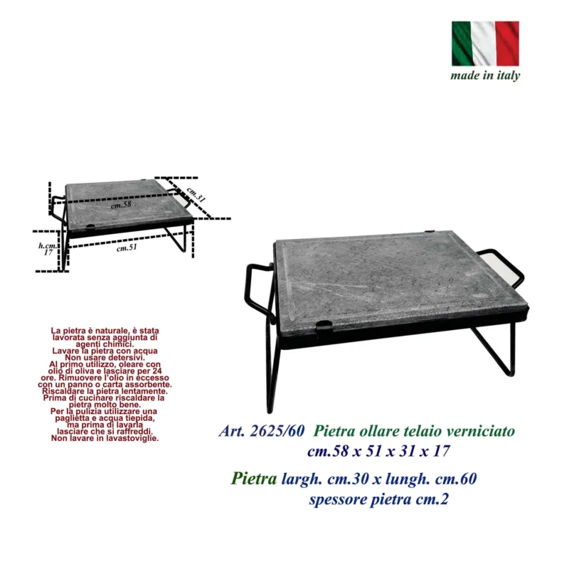 Bistecchiera in pietra ollare telaio in Ferro Dimensioni 30x60 cm Superficie di Cottura 51x31 cm Spessore pietra ollare 2 cm piedi pieghevoli ideale per cotture alla piastra, bistecche, selvaggina Sessa Ferro Battuto Compra Online