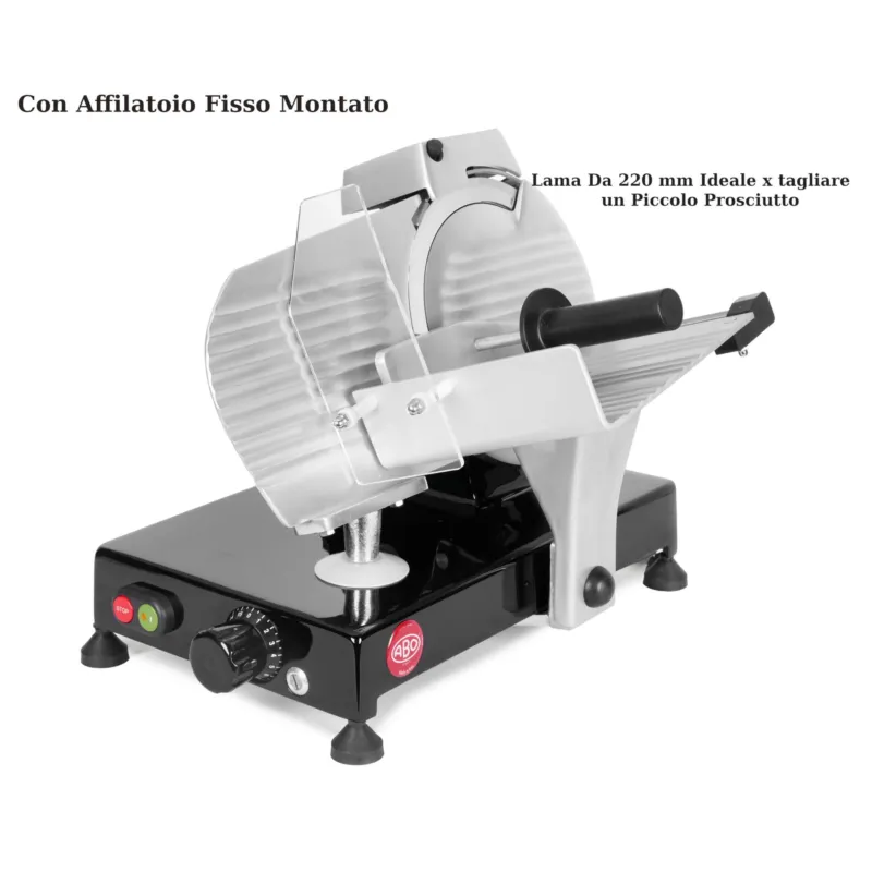 Vendita Finale Affettatrice CE Professionale a Gravità FAC F220 AF con affilatoio Fisso per lama 58x42xh34 cm - Lama 220 mm - 13,5 Kg in lega leggera di alluminio colore Nero Fac Affettatrici