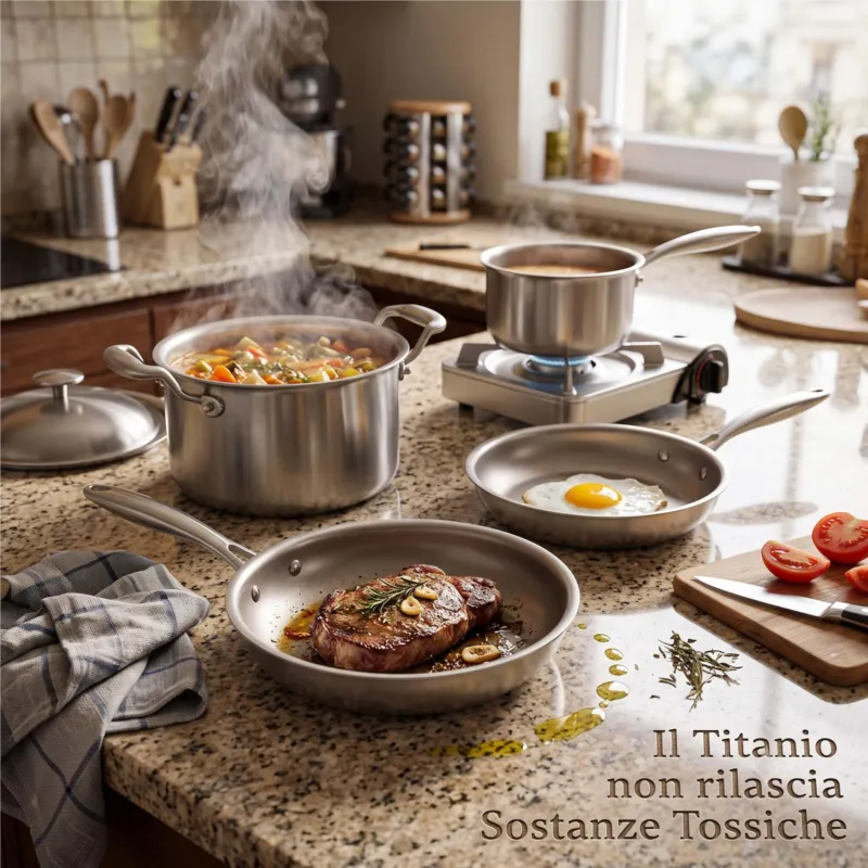 Batteria di pentole in Titanio 8 pezzi TRITANIA ZERO-TOXIC, Zero Nickel superficie di cottura in Titanio massiccio al 100x100 Tritania Ordina Subito