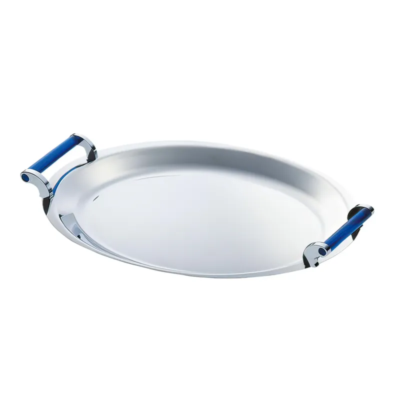 Vassoio Ovale con manici 41 cm Linea VULCANO ME in acciaio inox Lucido maniglie cromo con Inserto in acrilico BLU Eme Posaterie Economico