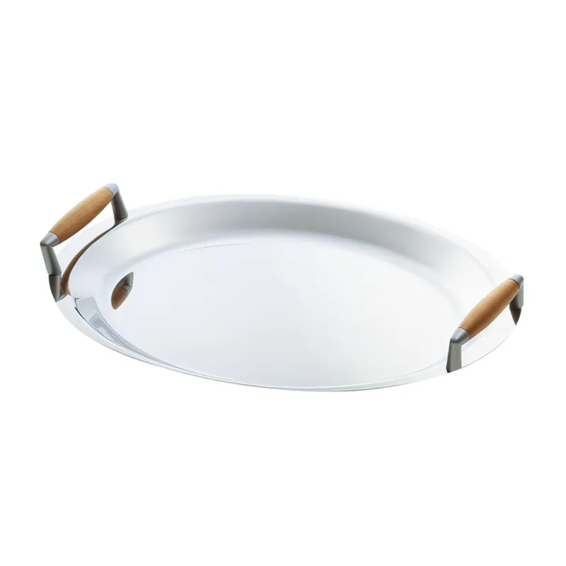 Vassoio Ovale con manici 41 cm Linea APOLLO EME in acciaio inox Lucido maniglie in legno e cromo Eme Posaterie Occasione