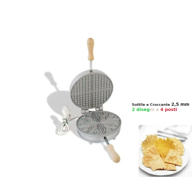 Bestseller Biscottiera elettrica tonda per cialde sottili 2 disegni a 4 Spicchi friabili e croccanti 23,5x19x h 11 cm 600 Watt 3,0 kg Spessore cialda mm 2,5 cialda tonda, sottile e croccante CBE-Ferratelle