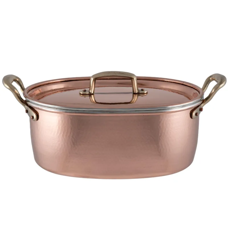 Casseruola Ovale 2 maniglie co Griglia interna Dimensioni 42x22xh12 cm con coperchio in rame massiccio 1.5 mm linea Navarini rame Must-Have