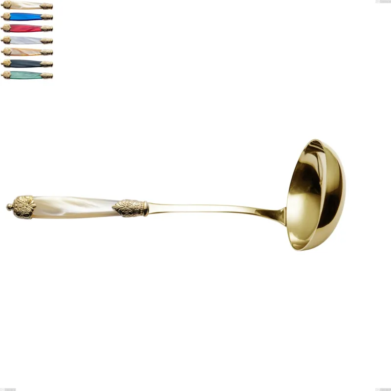 Prezzo Basso Mestolo Mirage Perlato Tin gold, acciaio 18.10 con finitura pvd dorata colorato, manici in metacrilato, lunghezza 279 mm Eme Posaterie avorio perlato 13