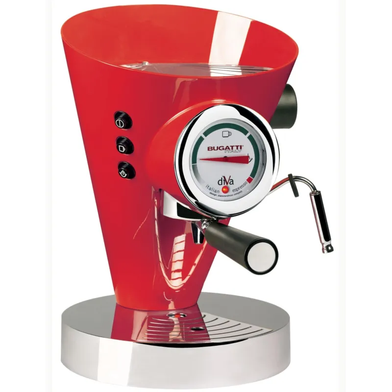 Promo Stagionale Macchina da caffè DIVA Bugatti in acciaio inox 24x24x 36.5 cm -Peso 9,5 kg, 0,8 Litri per caffè macinato e in polvere Prodotta interamente in Italia con Garanzia Italiana Rosso Casa bugatti