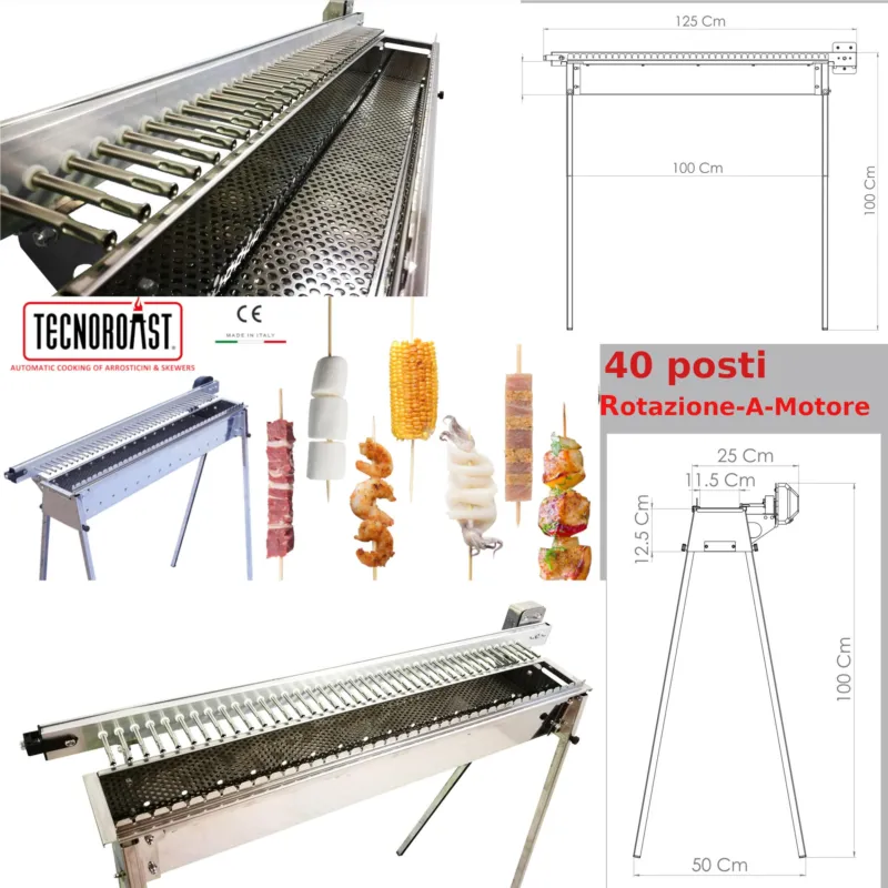 Giraspiedini a carbonella classica, con meccanismo da 40 pezzi per la rotazione automatica di spiedini ed arrosticini 125×25×h100 cm in acciaio aisi 430 Tecnoroast motore elettrico Occasione