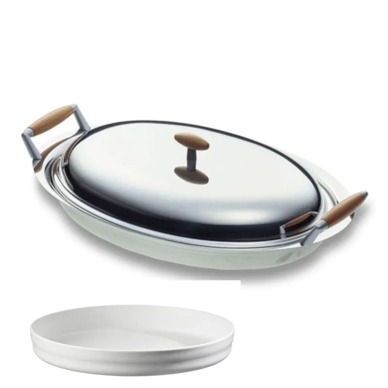 Porta Pirofila Ovale in Acciaio inox 18/10 APOLLO con porcellana 41 cm in acciaio inox lucido con coperchio manici in legno Eme Posaterie Acquista Ora