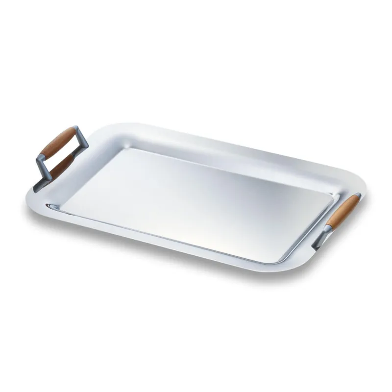 Vassoio Rettangolare 38x27,5 cm - con manici in legno Linea APOLLO EME in acciaio inox Lucido Eme Posaterie Soddisfatti O Rimborsati