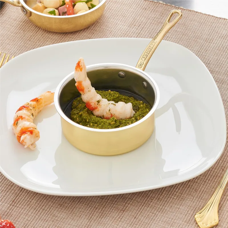 Casseruola Bassa un manico in Ottone Linea Pepite D‘oro Mignon diametro 10xh4 cm - lt 0,30 realizzata in Ottone massiccio liscio e lucido CuArtigiana Offerta Limitata