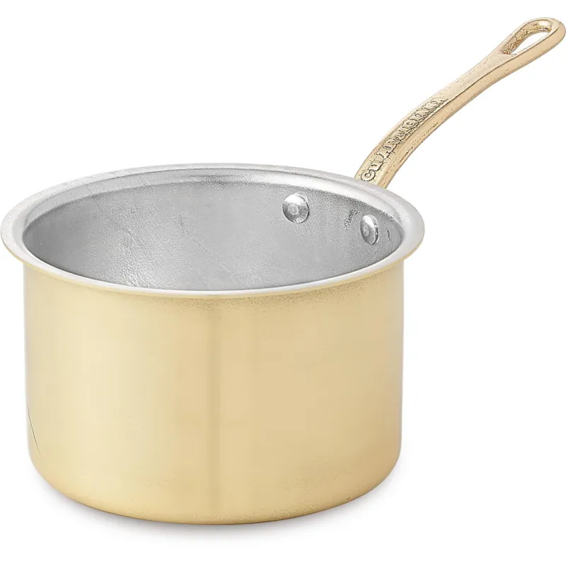 Casseruola Alta un manico in Ottone LInea Pepite D‘oro Mignon diametro 12xh7,5 cm - lt 0,80 realizzata in Ottone massiccio liscio e lucido CuArtigiana Compra Online
