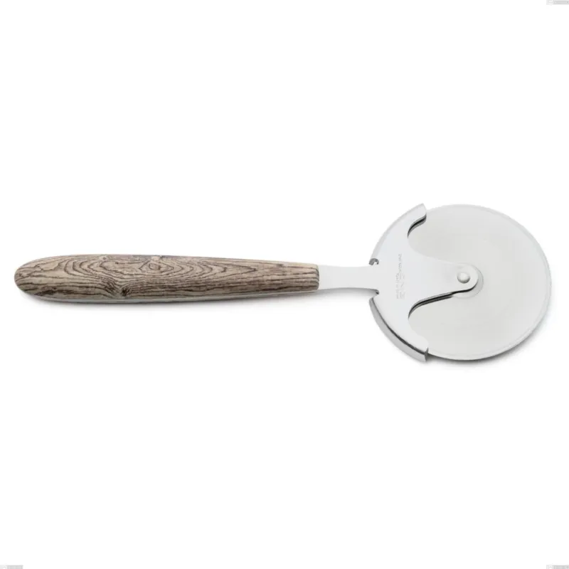 Rotella tagliapizza vero larice, acciaio 18.0 nickel free, manicatura pbt sublimato acciaio lucido, lunghezza 200 mm Eme Posaterie Direttamente Dal Produttore