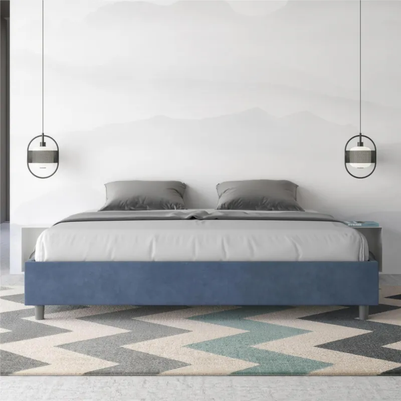 Esclusivo Letto matrimoniale AZELIA king size con giroletto imbottito, rivestimento in Microfibra dimensioni 180x190 cm Senza Testiera colore Blu ITYHOME