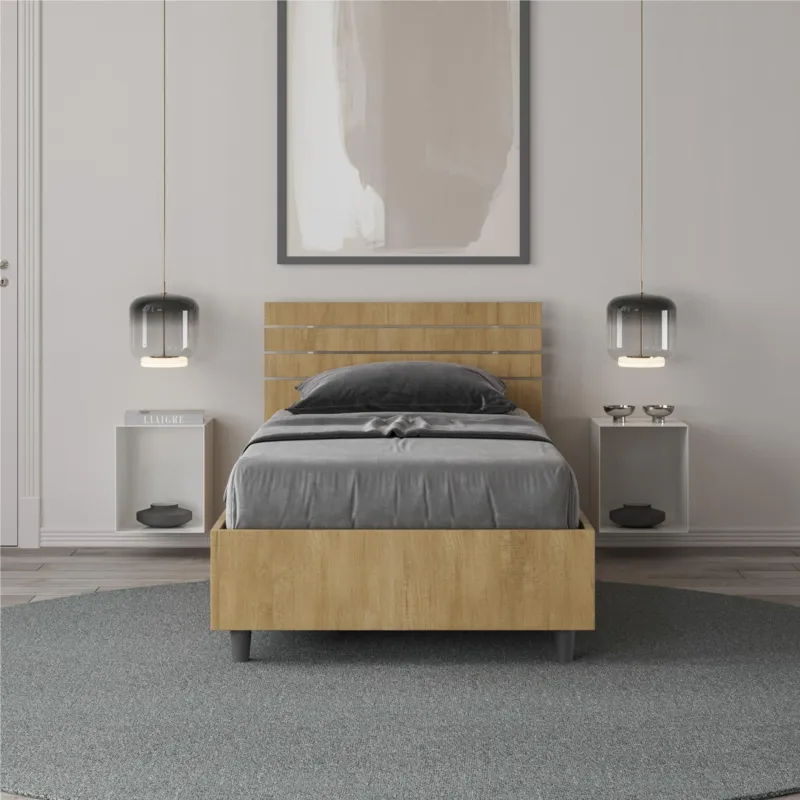 Consegna Rapida Letto Singolo a DOGHE e Testata Dritta Modello ANKEL Dimensioni 80x190 cm Posizionabile in Poco Spazio Essenziale Colore Quercia ITYHOME