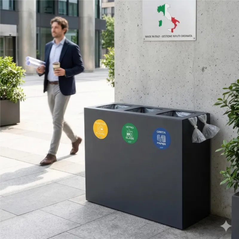 Spedito Oggi Pattumiera, Mobiletto per raccolta differenziata in acciaio 3 scomparti da 180L Dimensioni 30x90xh 80 cm 3 scomparti da 180 litri totali, 4 etichette colore Antracite Escelsior